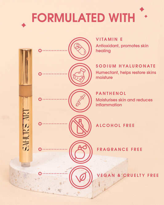 Unfiltered Complexion Pen by Sahur's Art with key ingredients including Vitamin E for skin healing, Sodium Hyaluronate to restore moisture, and Panthenol for moisturizing and reducing inflammation. The product is alcohol-free, fragrance-free, and vegan & cruelty-free.